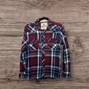 Roebuck And Co. Long Sleeve Dark Snap Buttons Red And Blue Plaid Size M